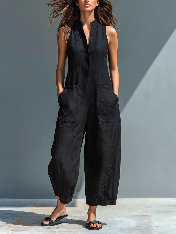Damen-Jumpsuit aus Leinenmischung, ärmellos, mit Knopfleiste