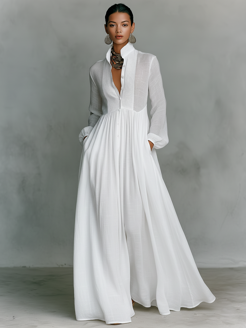 Damen-Maxikleid aus Leinenmischung mit Patchwork-Muster und Knopfleiste