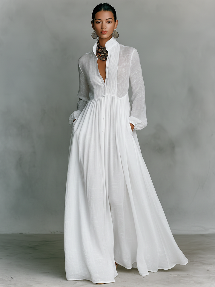 Damen-Maxikleid aus Leinenmischung mit Patchwork-Muster und Knopfleiste