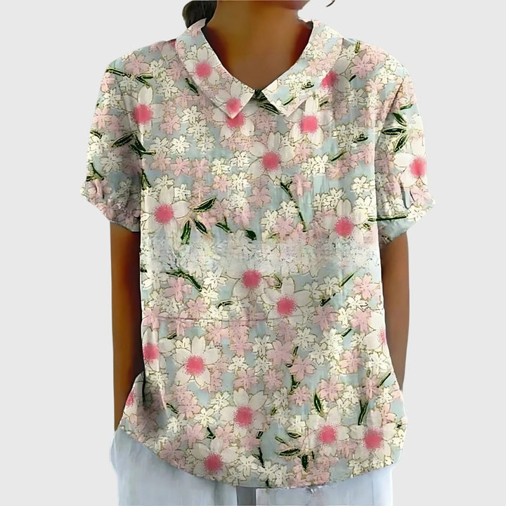 Elke | Damen Blumen Kragen Kurzarm Bluse