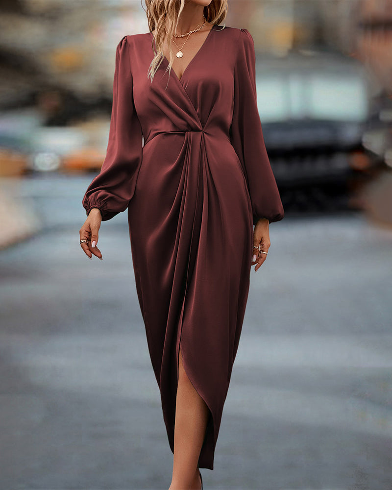 Abito Donna Fluente Tessuto Leggero Maniche a Lanterna Scollo a V