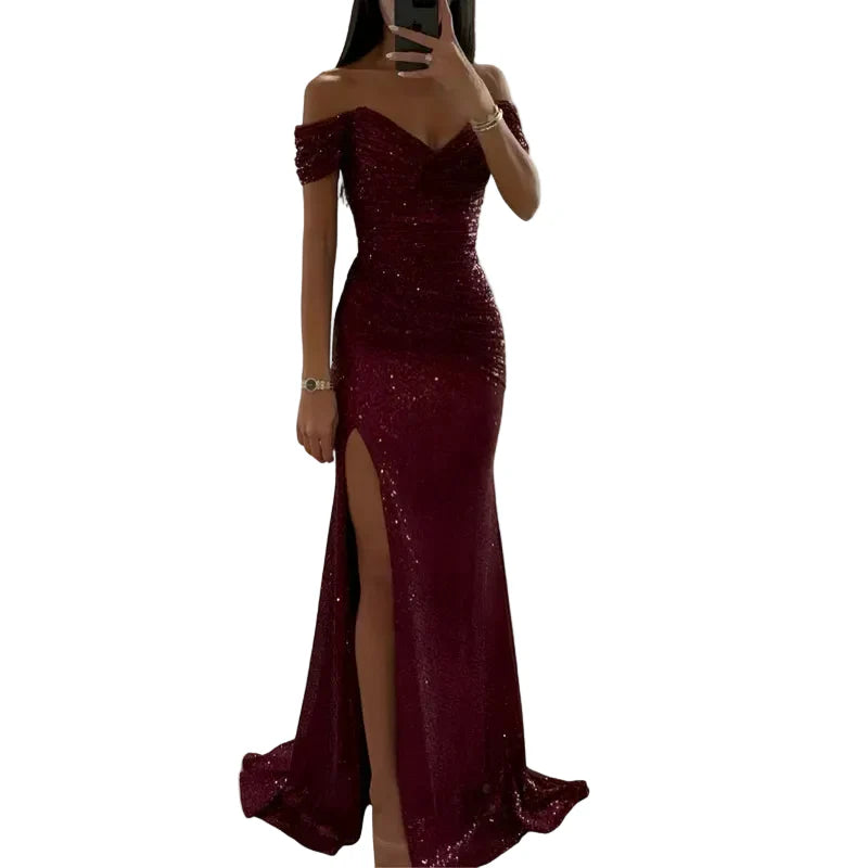 Abendkleid für Damen mit schulterfreiem Ausschnitt und Paillettenverzierungen-Midi Dress-Alpenkind