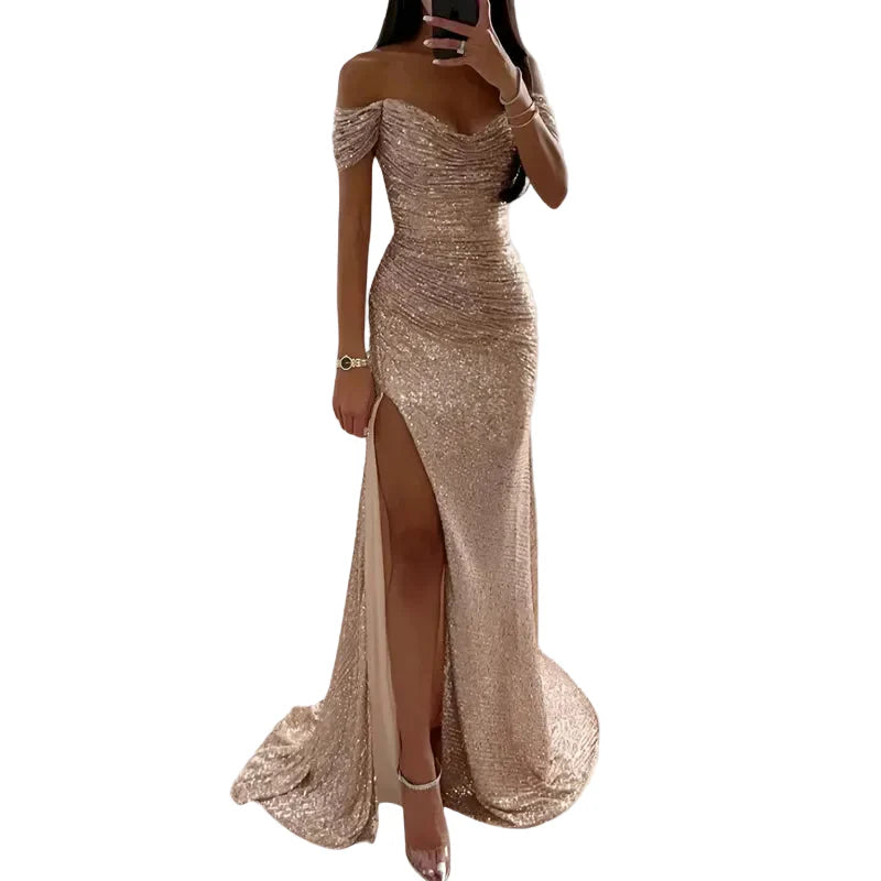 Abendkleid für Damen mit schulterfreiem Ausschnitt und Paillettenverzierungen-Midi Dress-Alpenkind
