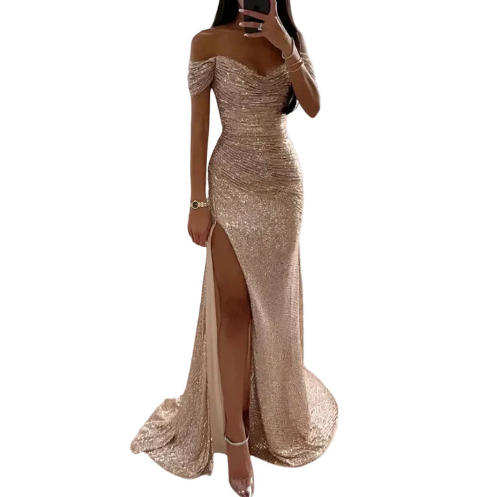 Abendkleid für Damen mit schulterfreiem Ausschnitt und Paillettenverzierungen-Midi Dress-Alpenkind