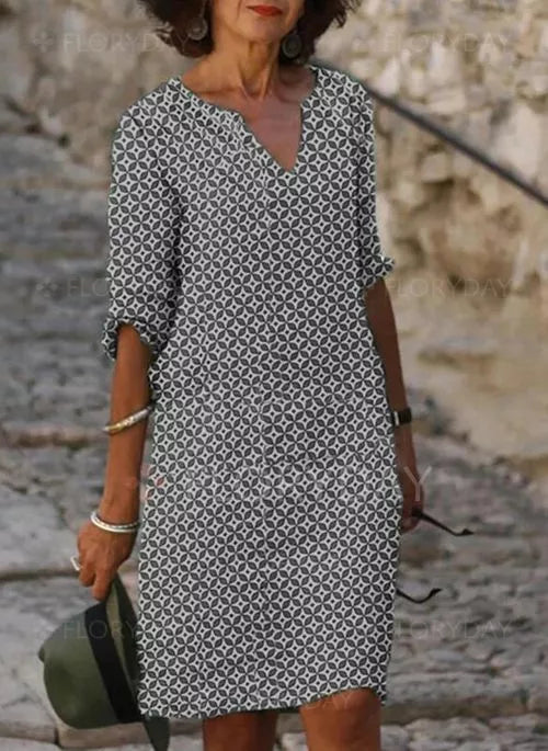 Marie – Gemustertes Leinen-Sommerkleid mit V-Ausschnitt