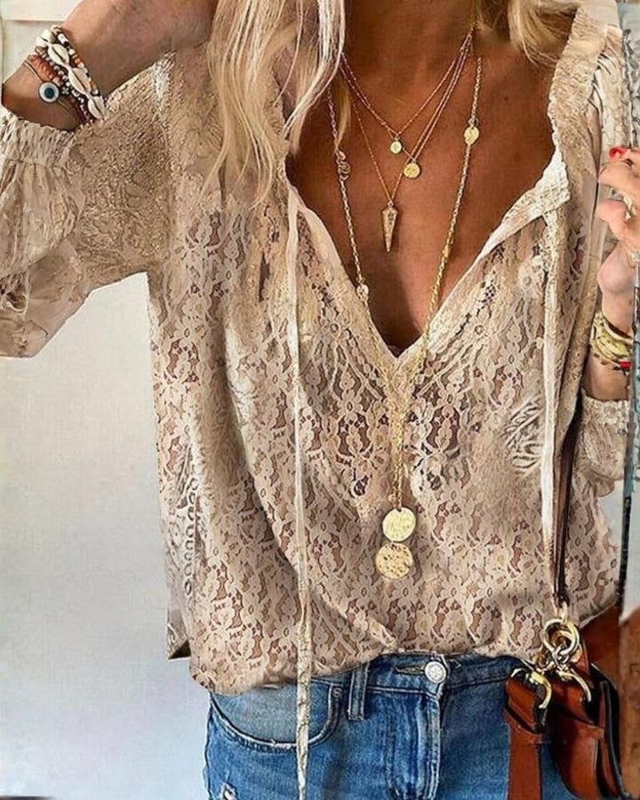 Alltag Damen leichte Bluse mit Spitzenstruktur | V-Ausschnitt