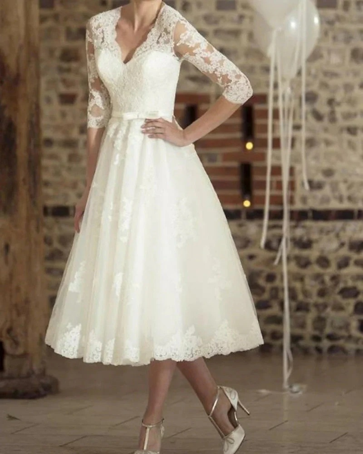 Anna | Damen Hochzeitskleid Midi mit 3/4 Ärmeln Vintage