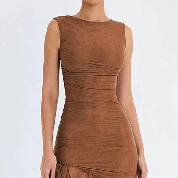 Midi-Kleid für Damen mit Rüschen und figurbetonter Passform | Ärmellos mit Rüschen