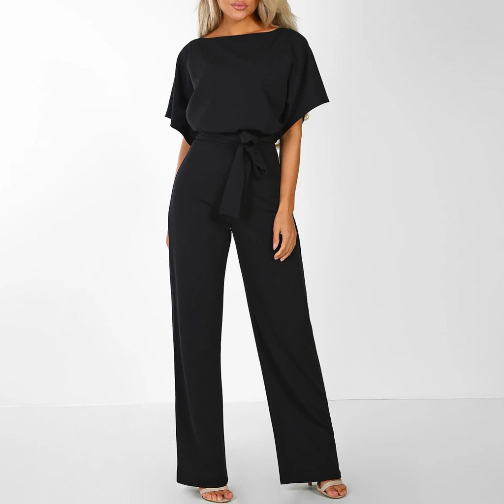 Weites Bein Jumpsuit Damen – Gürtel & Kurzarm