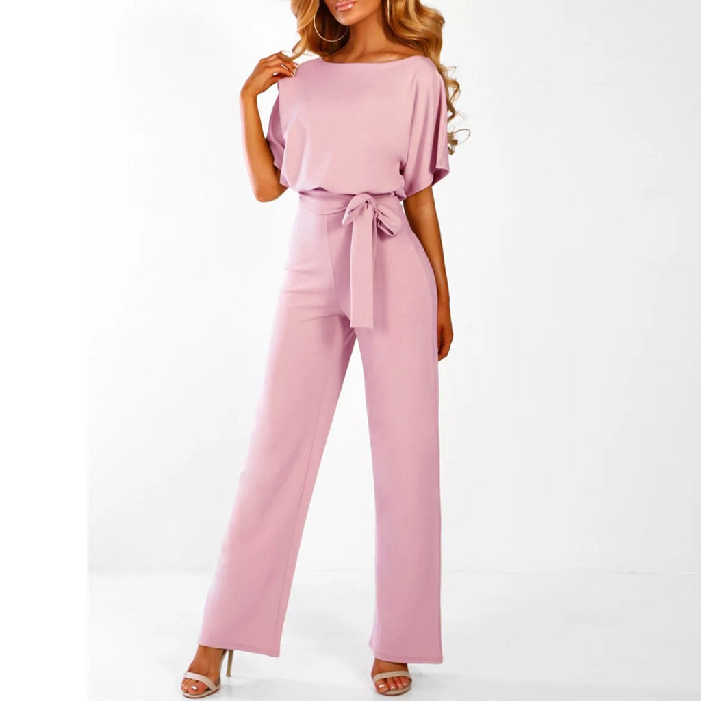 Damen Jumpsuit Kurzarm mit Bindegürtel