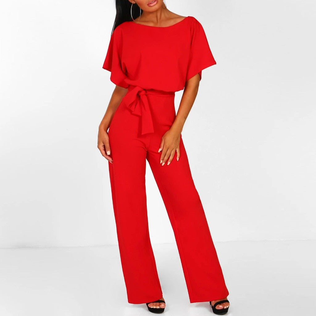 Weites Bein Jumpsuit Damen – Gürtel & Kurzarm