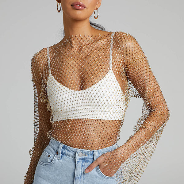 Damen-Top aus Diamant-Mesh mit Glockenärmeln