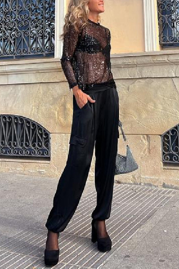 Damen-Paillettenbluse mit geradem Schnitt und langen Ärmeln