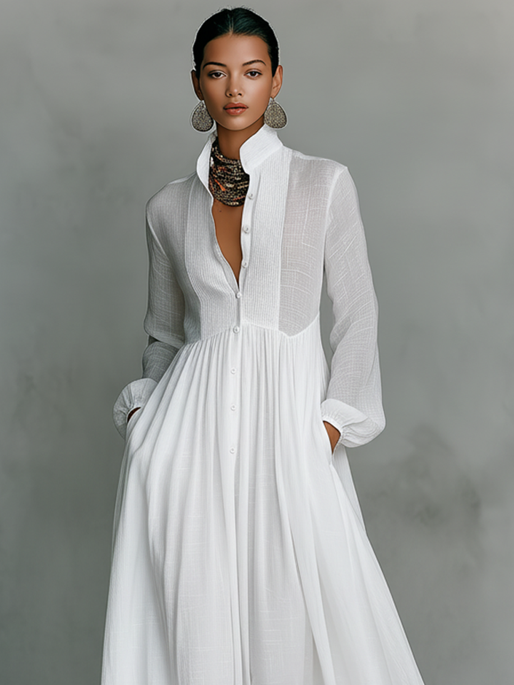 Damen-Maxikleid aus Leinenmischung mit Patchwork-Muster und Knopfleiste