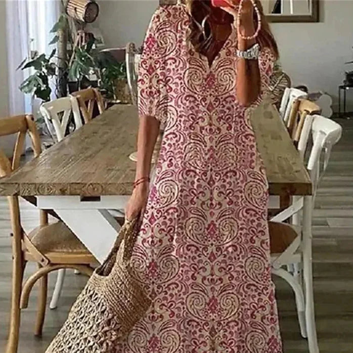 Damen-Maxikleid mit Blumenmuster und V-Ausschnitt