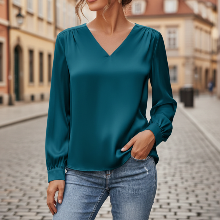 Yvonne – Women Satin blouse with V-neck - Image 1