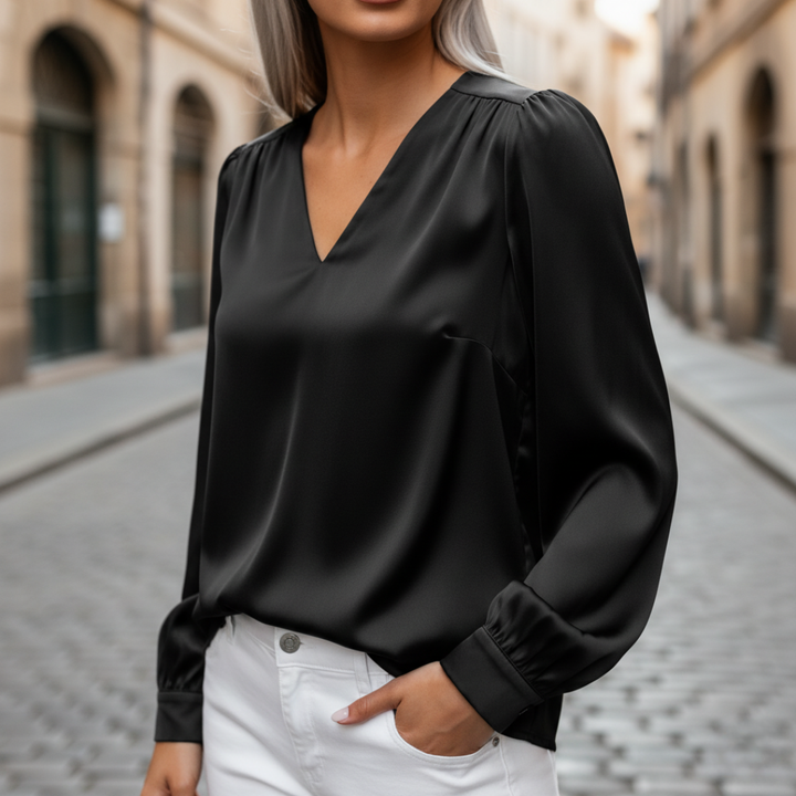 Damen Satinbluse mit V-Ausschnitt und Langarm