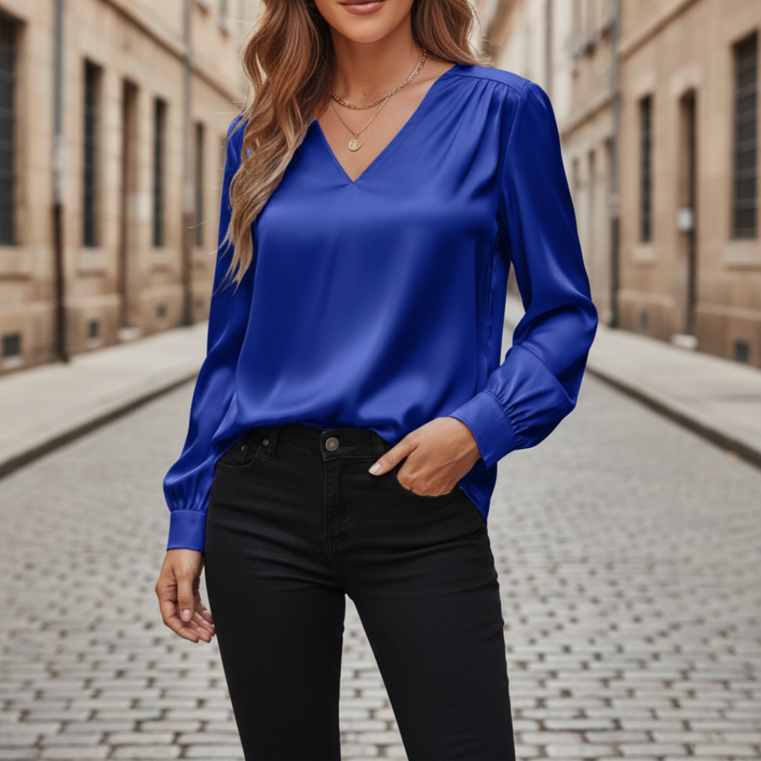 Yvonne – Women Satin blouse with V-neck - Image 6