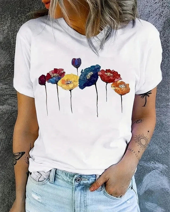 Blumen T-Shirt Kurzarm | Damen Sommer T-Shirt