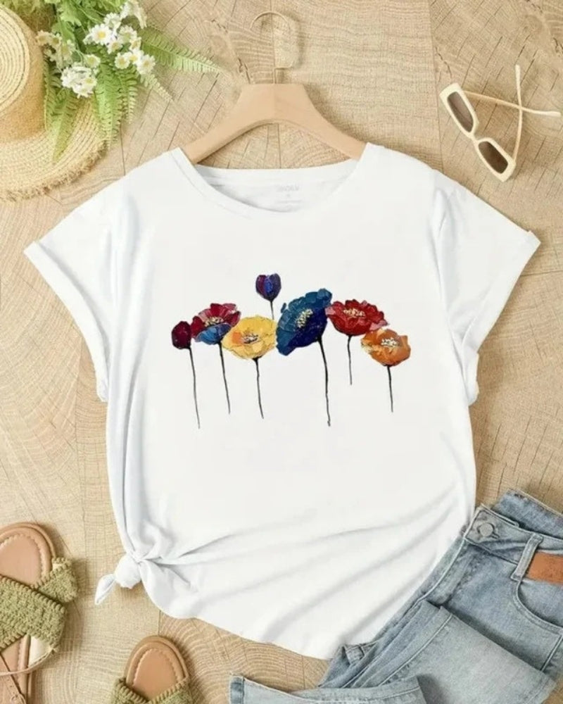 Blumen T-Shirt Kurzarm | Damen Sommer T-Shirt