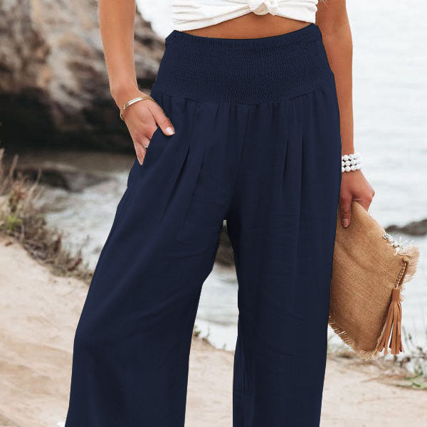 Damenhose aus Leinenmischung mit Smokarbeit und Taschen