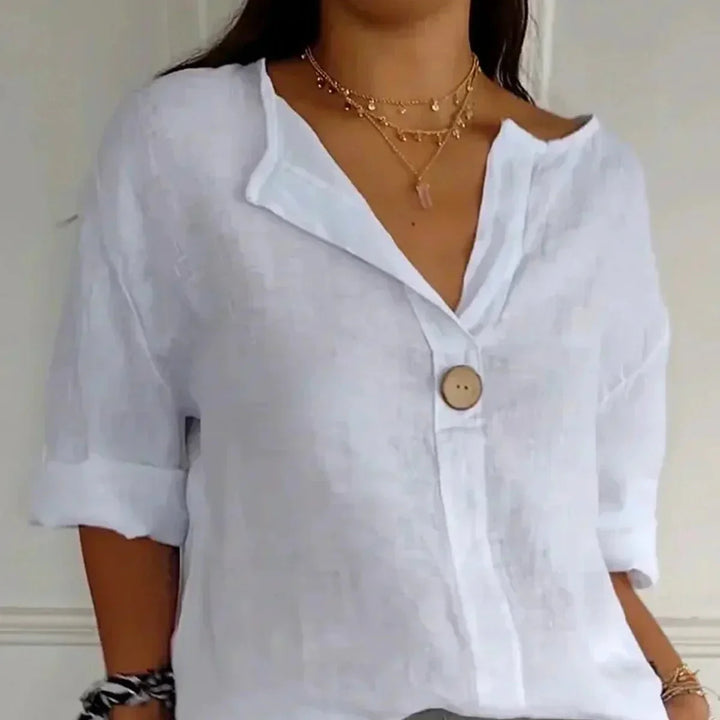 Damen Sommerbluse mit V-Ausschnitt und Knopfdetail