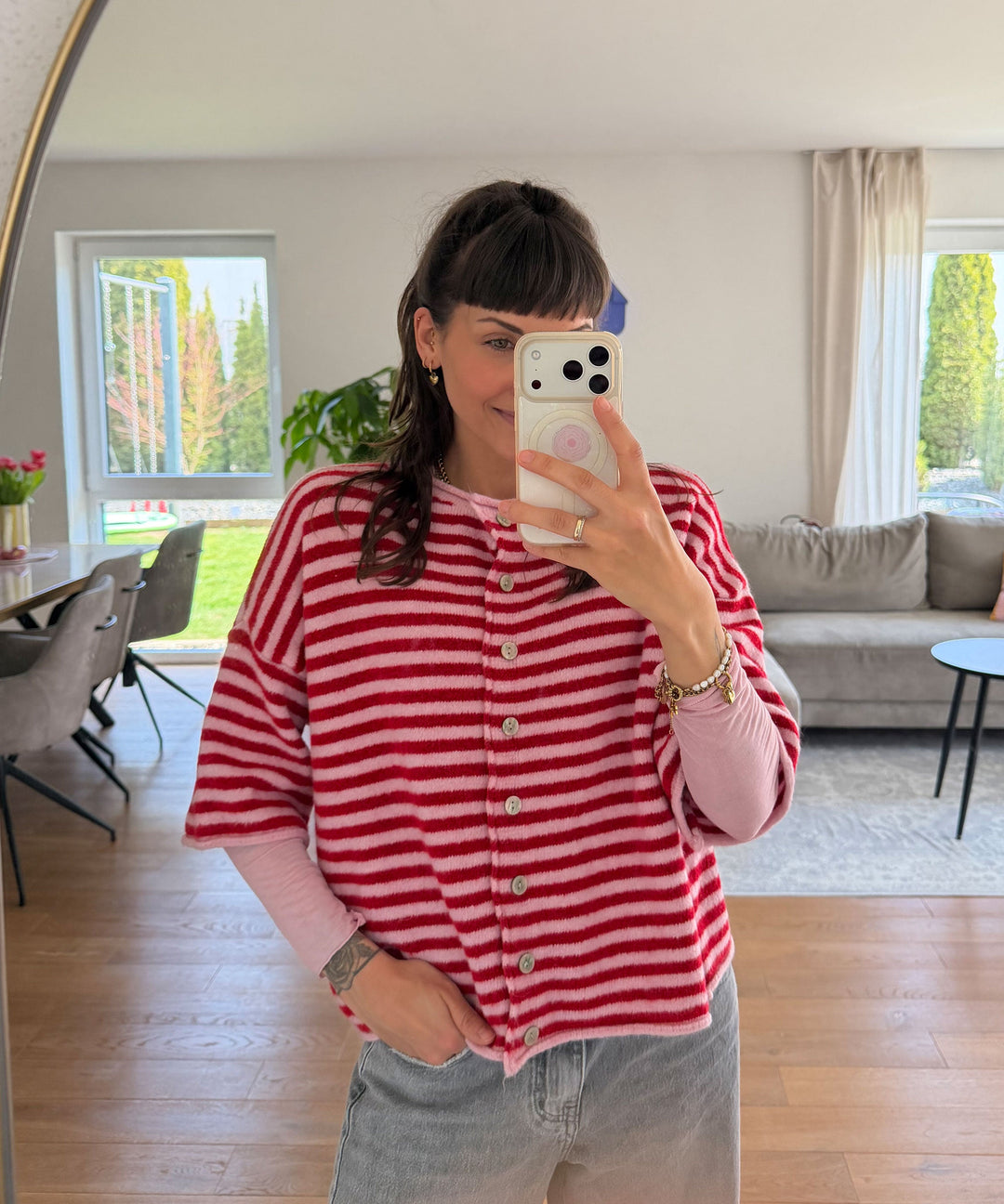 Kurzarm Cardigan Lillith Streifen Rot