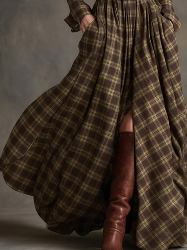Damen-Maxikleid im Karomuster mit Knopfleiste