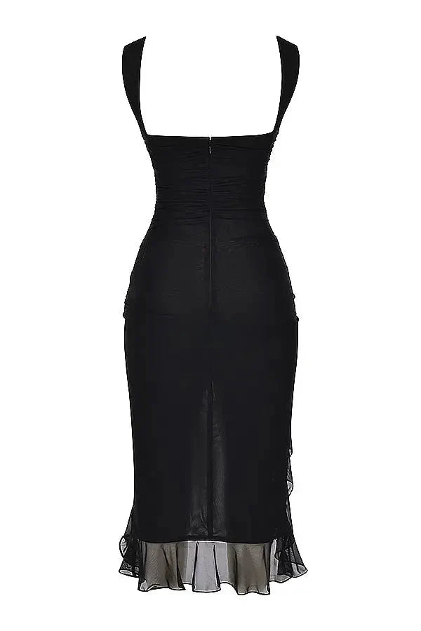 Midi-Kleid für Damen mit Rüschen und figurbetonter Passform | Ärmellos mit Rüschen