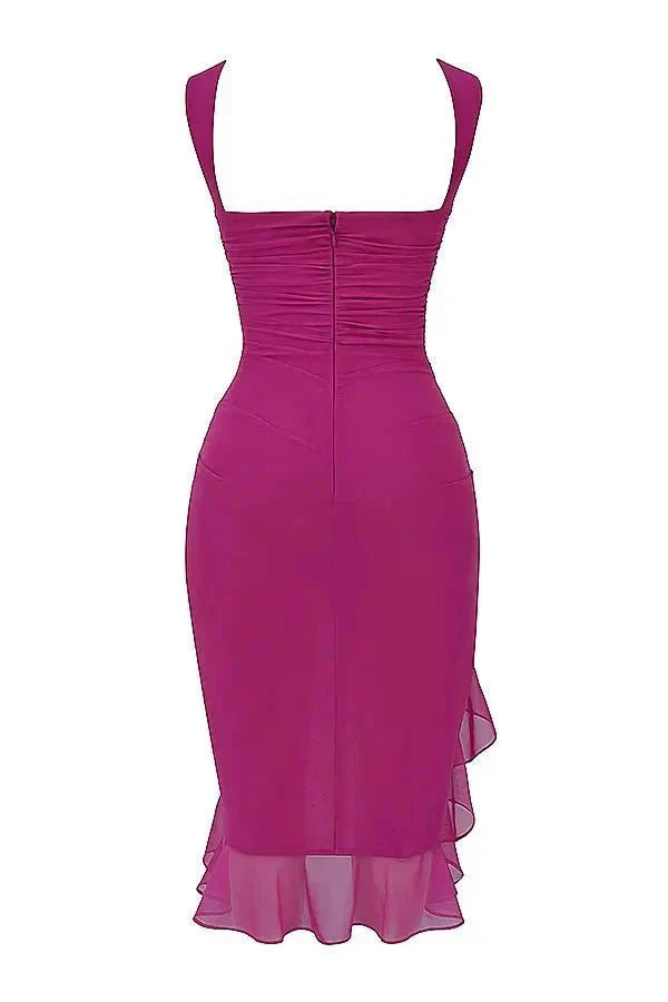 Midi-Kleid für Damen mit Rüschen und figurbetonter Passform | Ärmellos mit Rüschen