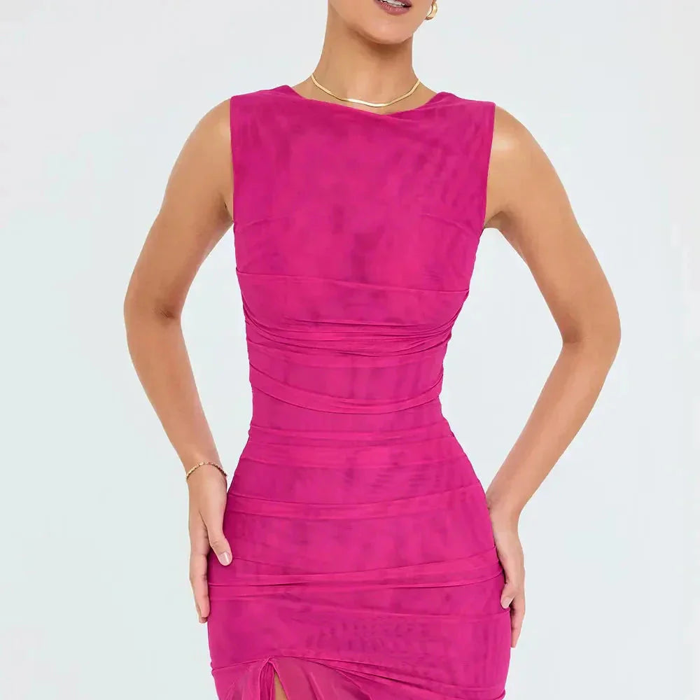 Midi-Kleid für Damen mit Rüschen und figurbetonter Passform | Ärmellos mit Rüschen