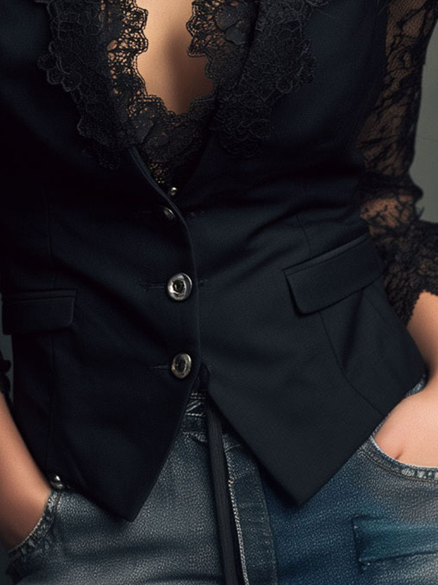 Damen-Blazerweste mit Spitzenärmeln, schwarz