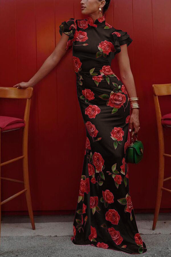 Lina – Elegant Rose Floral Print Tiered Flare Sleeve Maxi Dress for Women - Image 16