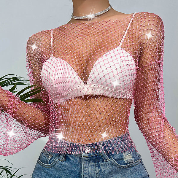 Damen-Top aus Diamant-Mesh mit Glockenärmeln