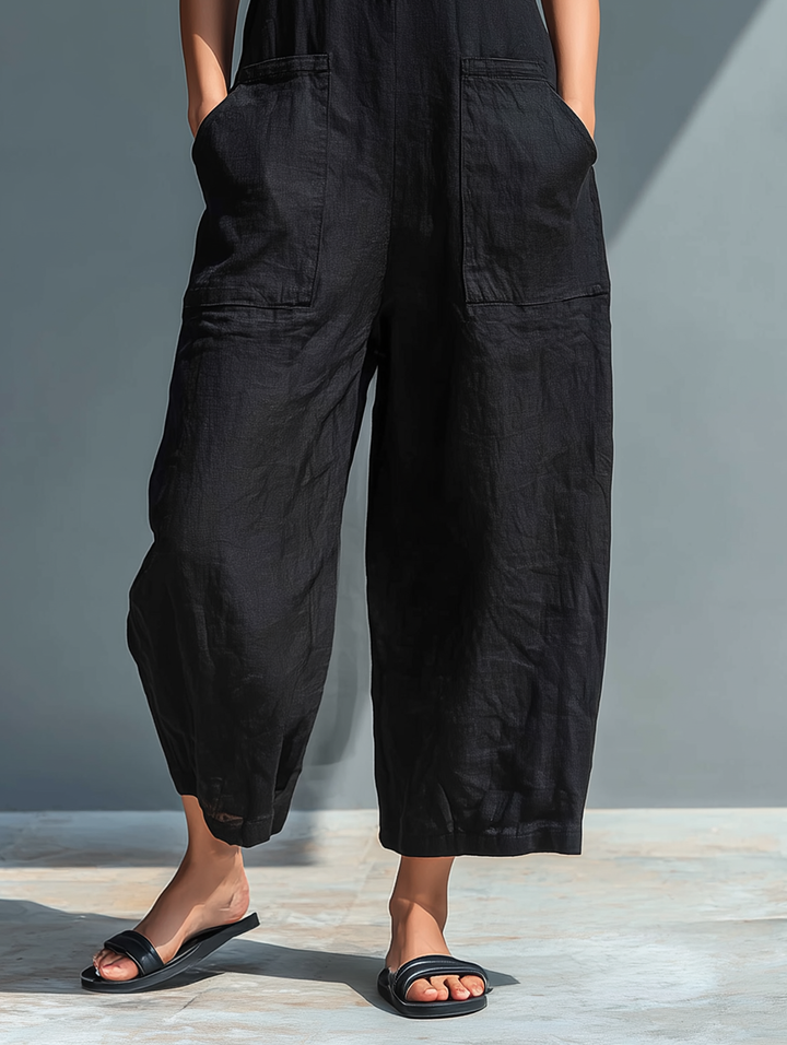 Damen-Jumpsuit aus Leinenmischung, ärmellos, mit Knopfleiste