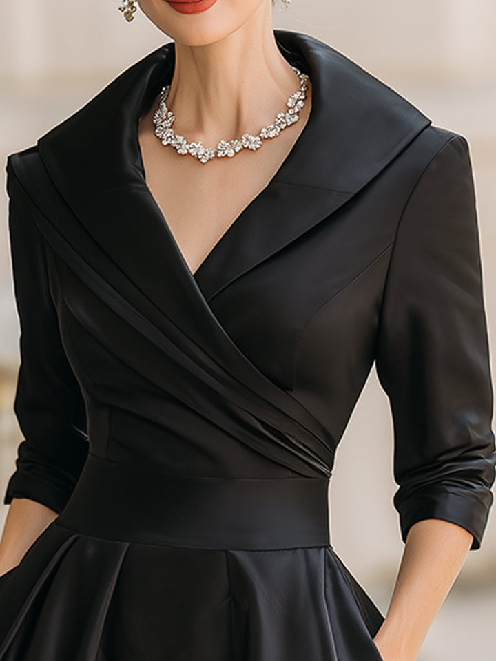 Satin-Midi-Kleid für Damen | A-Linie mit Schalkragen
