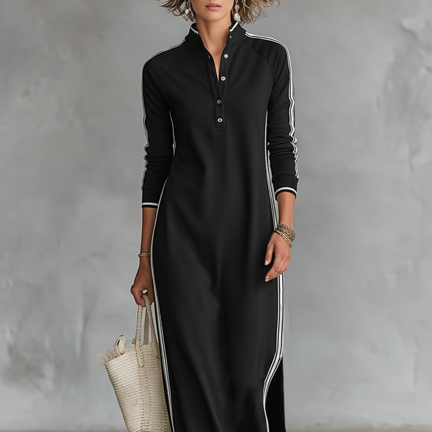 Damen-Maxi-Sweatkleid mit Knopfleiste und Kragen