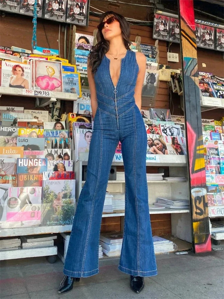 Damen Ärmelloser Jumpsuit mit V-Ausschnitt und weiten Hosenbeinen