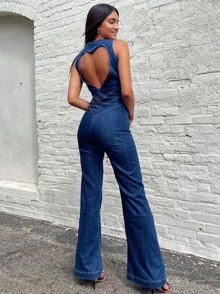 Damen Ärmelloser Jumpsuit mit V-Ausschnitt und weiten Hosenbeinen