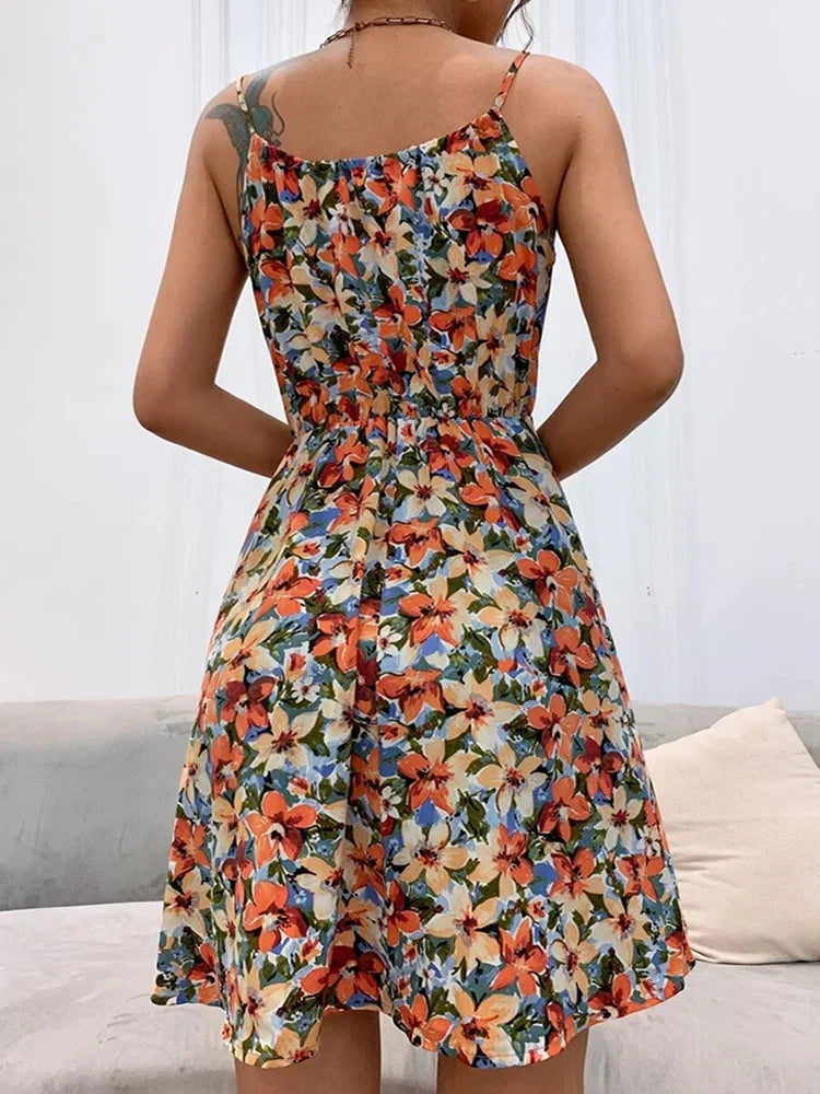 Damen Ärmelloses Blumenkleid mit Spaghettiträgern und gerafftem Dekolleté