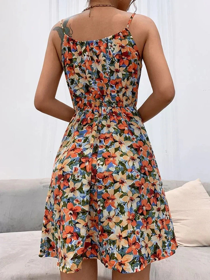 Damen Ärmelloses Blumenkleid mit Spaghettiträgern und gerafftem Dekolleté