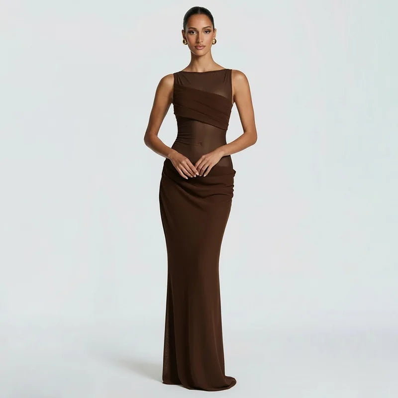 Damen Ärmelloses Maxi-Kleid mit Bootsausschnitt und transparentem Mesh-Einsatz mit drapiertem Hüftbereich