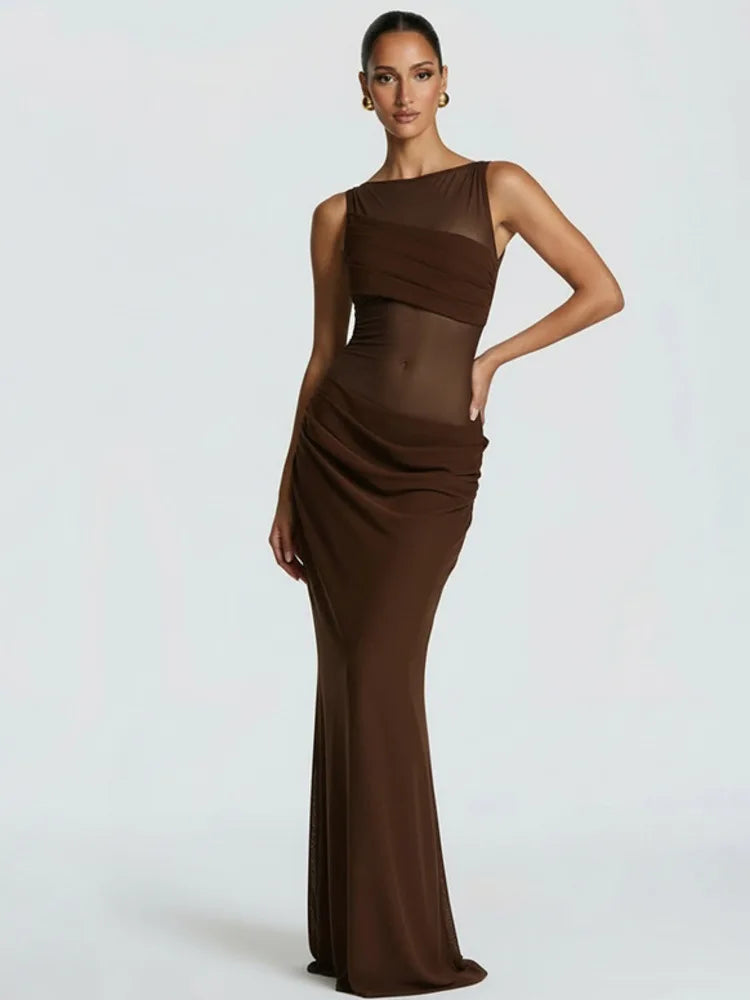 Damen Ärmelloses Maxi-Kleid mit Bootsausschnitt und transparentem Mesh-Einsatz mit drapiertem Hüftbereich
