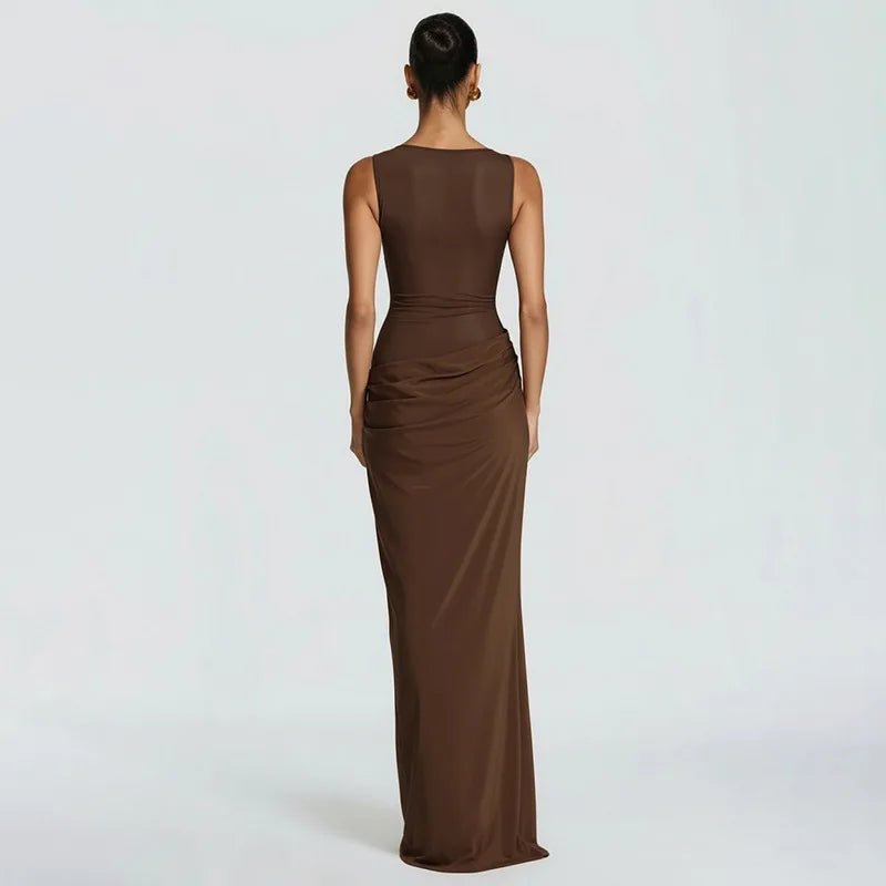 Damen Ärmelloses Maxi-Kleid mit Bootsausschnitt und transparentem Mesh-Einsatz mit drapiertem Hüftbereich