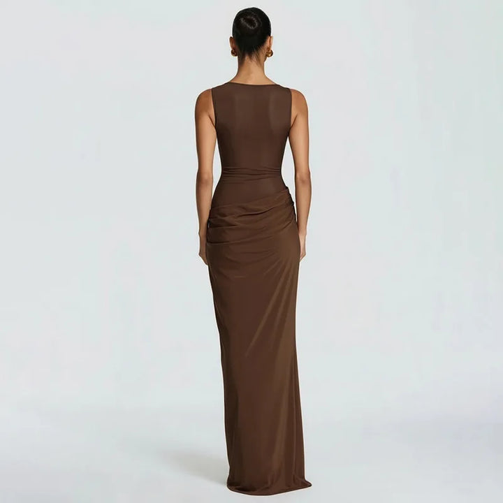 Damen Ärmelloses Maxi-Kleid mit Bootsausschnitt und transparentem Mesh-Einsatz mit drapiertem Hüftbereich