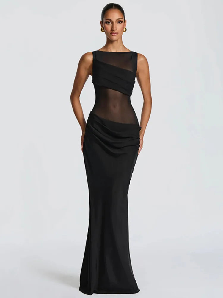 Damen Ärmelloses Maxi-Kleid mit Bootsausschnitt und transparentem Mesh-Einsatz mit drapiertem Hüftbereich