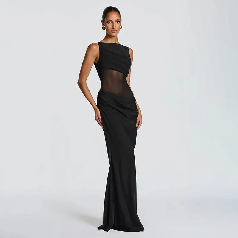 Damen Ärmelloses Maxi-Kleid mit Bootsausschnitt und transparentem Mesh-Einsatz mit drapiertem Hüftbereich