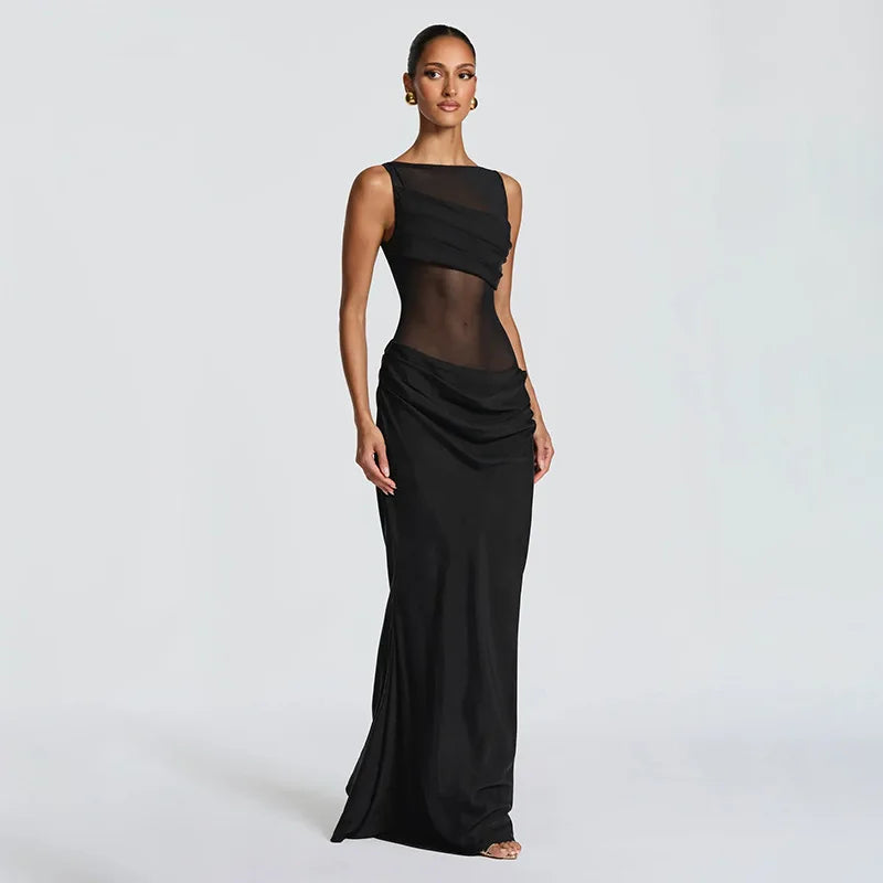 Damen Ärmelloses Maxi-Kleid mit Bootsausschnitt und transparentem Mesh-Einsatz mit drapiertem Hüftbereich