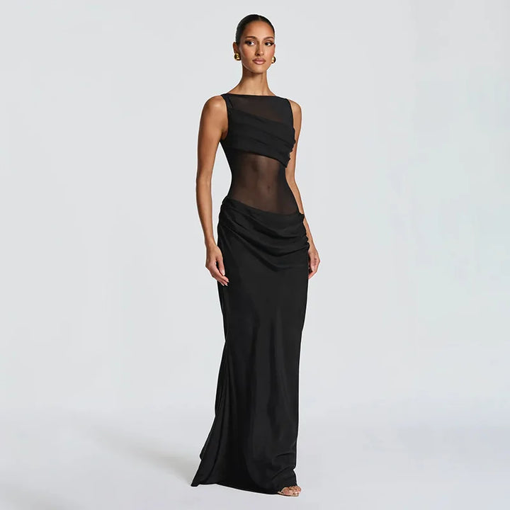 Damen Ärmelloses Maxi-Kleid mit Bootsausschnitt und transparentem Mesh-Einsatz mit drapiertem Hüftbereich