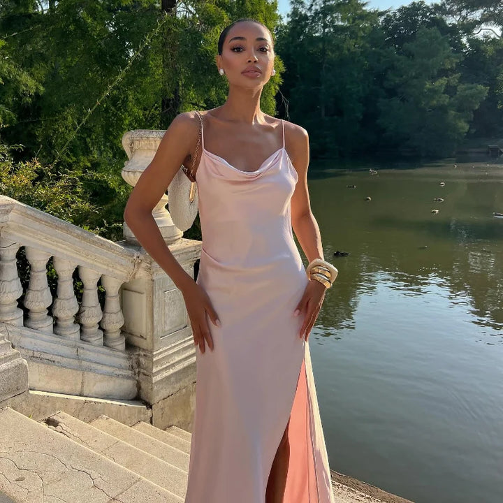 Damen Ärmelloses Maxi-Kleid mit Cowl-Ausschnitt und Spaghettiträgern mit Seitenschlitz